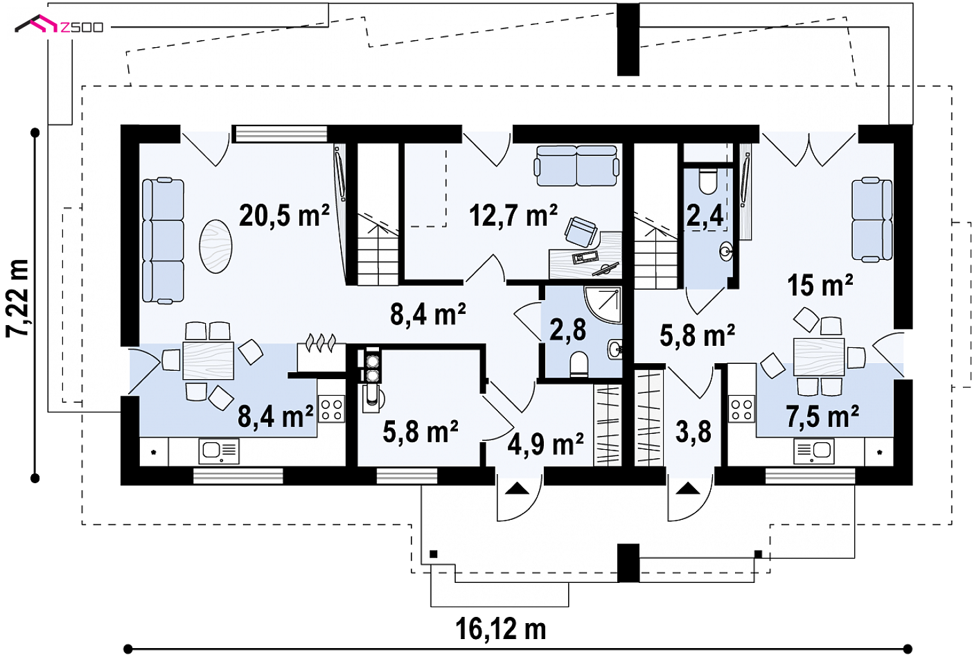 Mājas projekts - Zgrabny dom dwurodzinny z wydzielonymi osobnymi wejściami do każdego z lokali.