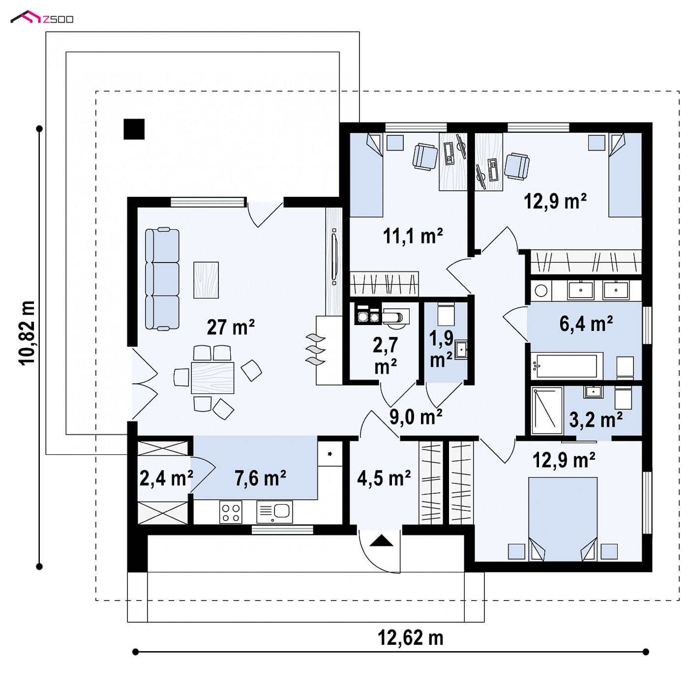 Mājas projekts - Parterowy, tradycyjny dom w konstrukcji drewnianej z dachem kopertowym do 100m2.