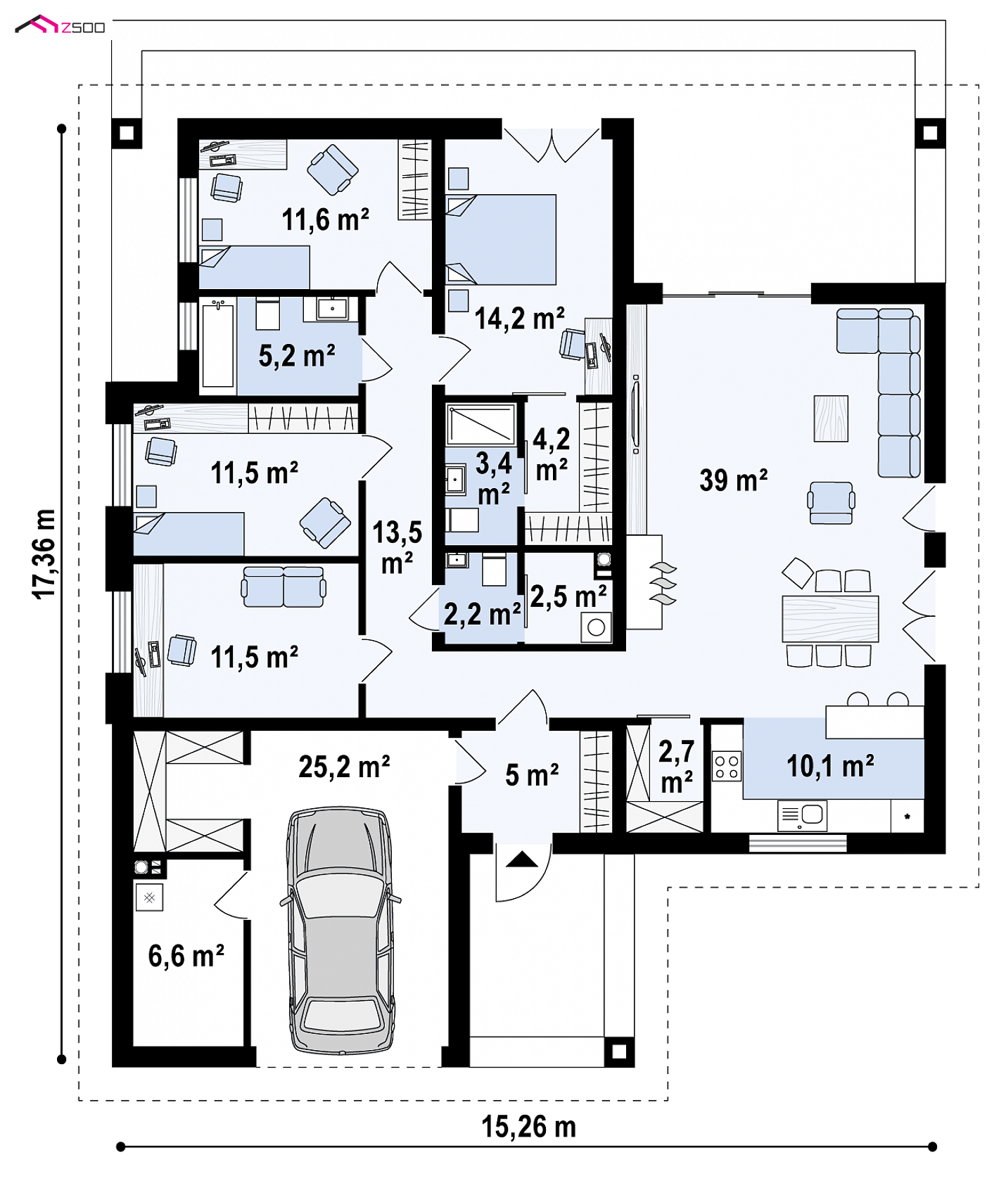 Mājas projekts - Vienstāvu mājas projekts ar garāžu - Z379