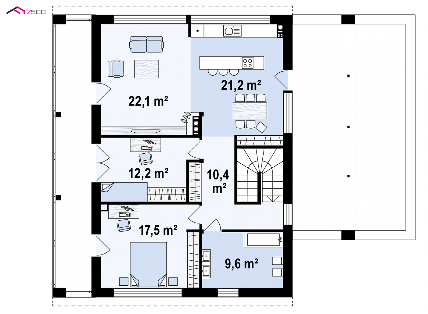 Mājas projekts - Nowoczesny dom dwulokalowy, wolnostojący z pełnym piętrem oraz tarasami.