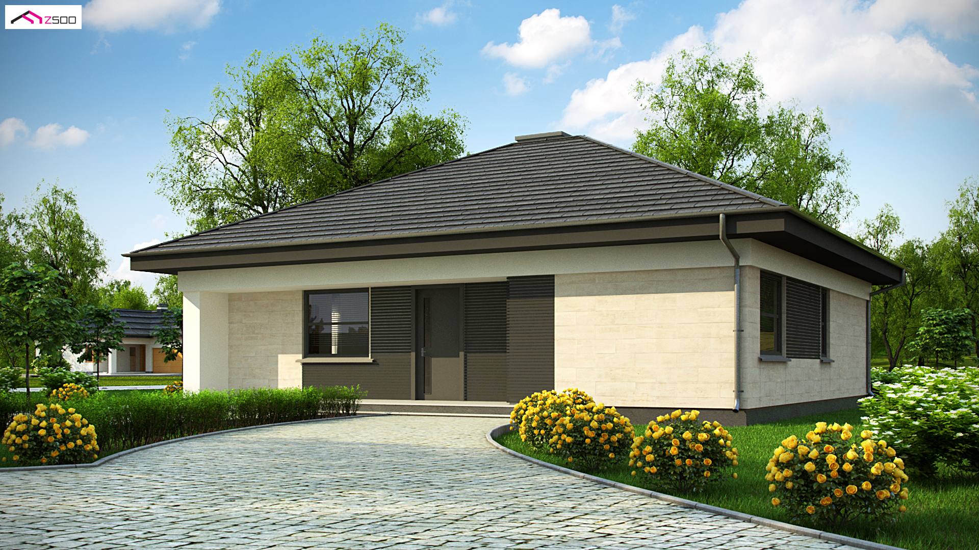 Mājas projekts Z332 D - Parterowy, tradycyjny dom w konstrukcji drewnianej z dachem kopertowym do 100m2.